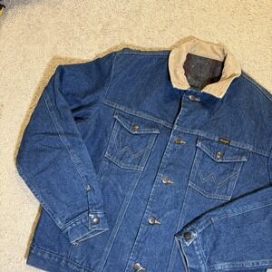 Wrangler Denim Jacket Mens 46 Blue Blanket Lined Western Tucker Corduroy Vintage